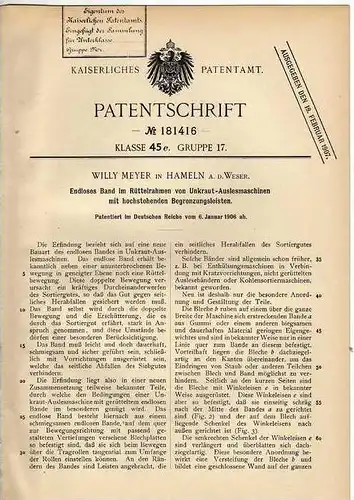 Original Patentschrift - W. Meyer in Hameln a.d. Weser , 1906 , Unkraut - Auslesemaschine , Rüttelrahmen !!!