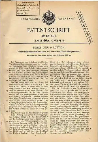 Original Patentschrift - F. Delu in Lüttich , 1906 , Viertaktexplosionsmaschine mit Verdichtungskammer , Automobile !!!