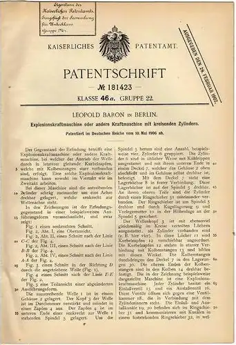 Original Patentschrift - L. Baron in Berlin , 1906 , Motor mit kreisenden Zylindern , Automobile !!!