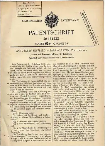 Original Patentschrift - C. Seyfried in Fasangarten , Post Perlach , 1906 , Lenk- und Bremsvorrichtung für Schlitten !!!
