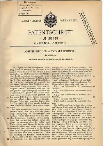 Original Patentschrift - J. Rieger in Donaueschingen , 1906 , Schlitten !!!