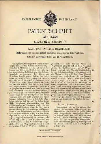 Original Patentschrift - K. Rattinger in Ingolstadt , 1905 , Motorwagen mit Schlittenkufen , Automobile !!!