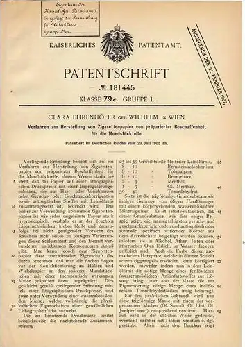 Original Patentschrift - C. Ehrenhöfer in Wien , 1905 , Zigarettenpapier für Mundstücke !!!