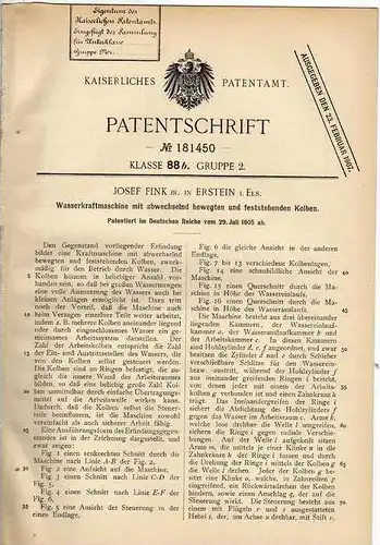 Original Patentschrift - J. Fink in Erstein i. Els., 1905 , Wasserkraftmaschine !!!