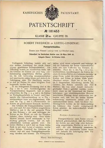Original Patentschrift - R. Friedrich in Leipzig - Lindenau , 1906 , Telefonzelle , Fernsprechkabine , Telefon !!!