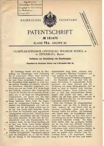Original Patentschrift - Glasplakatefabrik in Offenburg , Baden , 1903 , Herstellung von Glasätzungen , Glas !!!