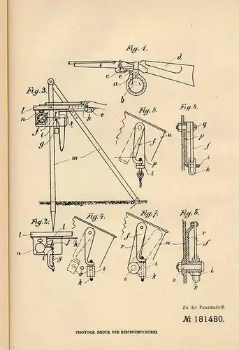 Original Patentschrift - Schußapparat zum Verscheuchen von Vögeln , Gewehr , 1906 , H. Arends in Hannover , Saat  !!!