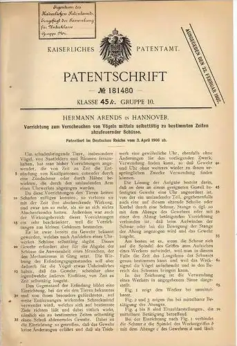 Original Patentschrift - Schußapparat zum Verscheuchen von Vögeln , Gewehr , 1906 , H. Arends in Hannover , Saat  !!!