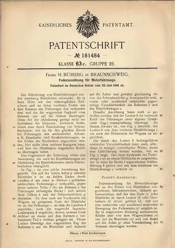 Original Patentschrift - Fa. Büssing in Braunschweig , 1906 , Federn für Motorfahrzeuge , Automobile !!!