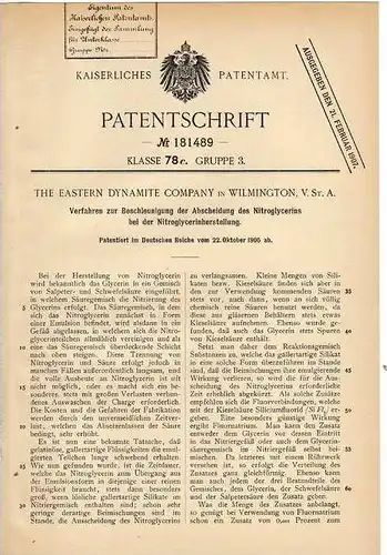 Original Patentschrift - The Eastern Dynamite Comp. in Wilmington , 1905 , Nitroglycerin , Sprengstoff !!!