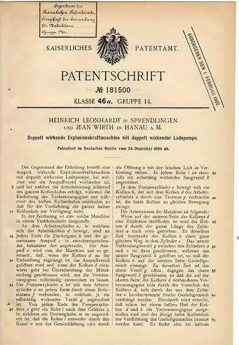 Original Patentschrift - J. Wirth in Sprendlingen und Hanau a.M., 1904 , doppelt wirkende Explosionskraftmaschine !!!