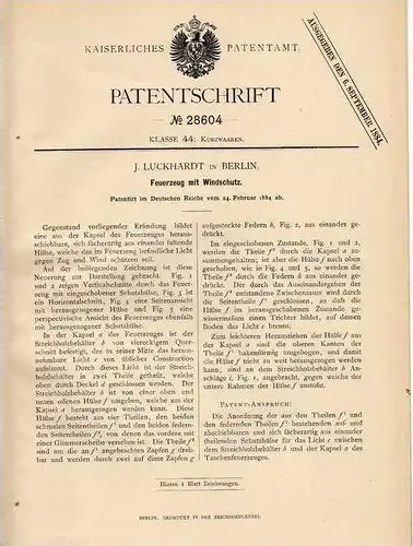 Original Patentschrift - Feuerzeug mit Windschutz , 1884 , J. Luckhardt in Berlin , Sturmfeuerzeug !!!