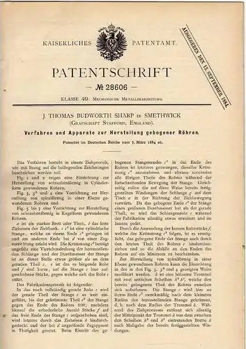 Original Patentschrift - J. Sharp in Smethwick , 1884 , Apparat für gebogene Röhren !!!