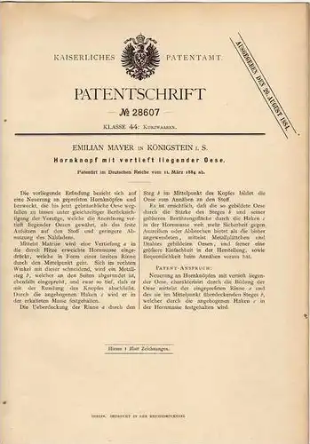 Original Patentschrift - E. Mayer in Königstein i.S., 1884 , Hornknopf mit vertiefter Oese !!!