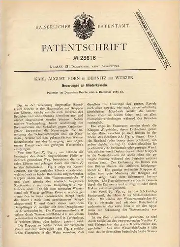 Original Patentschrift - K. Horn in Dehnitz b. Wurzen , 1883 , Gliederkessel , Dampfkessel !!!