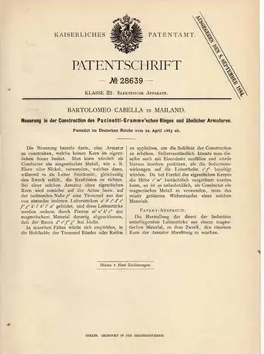 Original Patentschrift - B. Cabella in Mailand , 1883 , Construction des Pacinotti - Gramme`schen Ringes , Armatur !!!