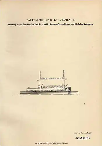 Original Patentschrift - B. Cabella in Mailand , 1883 , Construction des Pacinotti - Gramme`schen Ringes , Armatur !!!