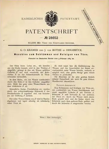 Original Patentschrift - J. von Rothe in Osnabrück , 1884 , Maschine zum Schlämmen und Reinigen von Thon !!!