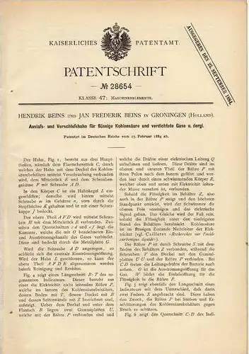 Original Patentschrift - H. Beins in Groningen , 1884 , Hahn für Kohlensäure und Gase !!!