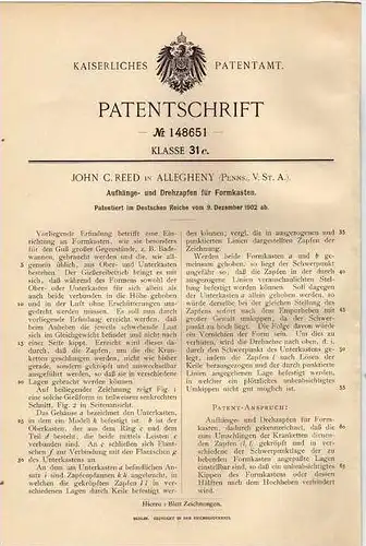 Original Patentschrift - J. Reed in Allegheny , USA , 1902 , Zapfen für Formkasten , Badewanne !!!