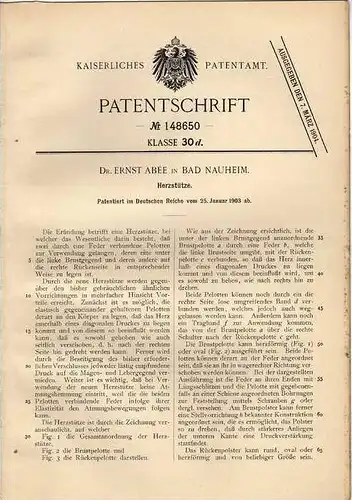 Original Patentschrift - Dr. E. Abée in Bad Nauheim , 1903 , Stütze für Herz , Arzt , Medizin , herzkrank !!!