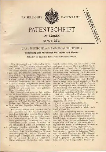 Original Patentschrift - C. Meinecke in Hamburg - Reiherstieg , 1902 ,  Apparat zum Streichen für Decken , Maler !!!
