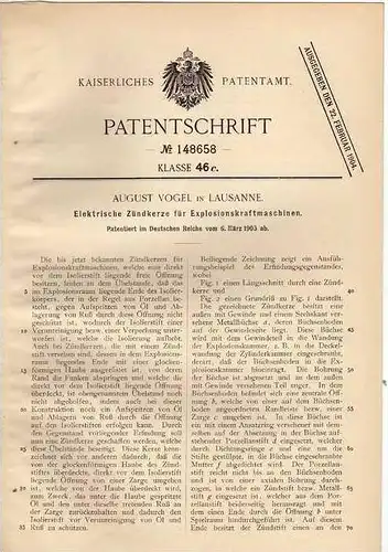 Original Patentschrift - A. Vogel in Lausanne , 1903 , Zündkerze für Motoren , Automobile !!!