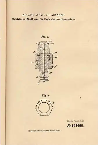 Original Patentschrift - A. Vogel in Lausanne , 1903 , Zündkerze für Motoren , Automobile !!!