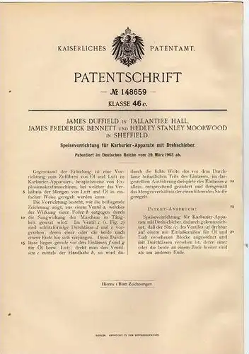 Original Patentschrift - J. Duffield in Tallantire Hall und Sheffield , 1903 , Karburier - Apparat !!!