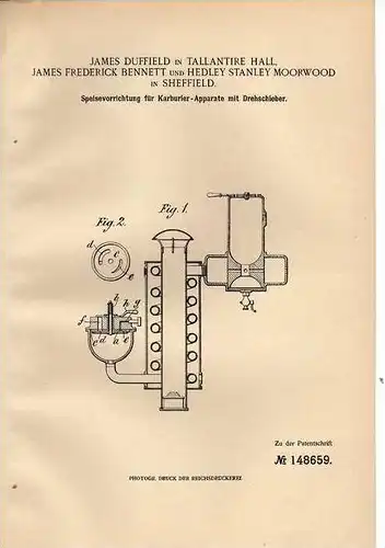 Original Patentschrift - J. Duffield in Tallantire Hall und Sheffield , 1903 , Karburier - Apparat !!!