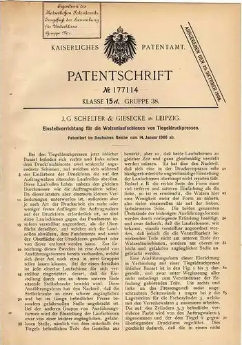 Original Patentschrift - Schelter & Giesecke in Leipzig , 1906 , Tiegeldruckpresse , Presse , Einsteller !!!