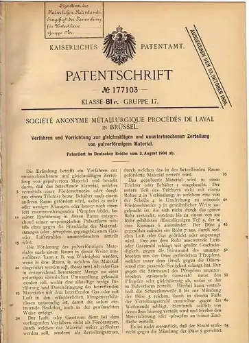 Original Patentschrift - Société Métallurgique Procédés de Laval in Brüssel , 1904 , Zerteilung von Pulver !!!