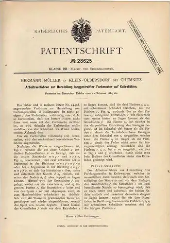 Original Patentschrift - H. Müller in Klein Olbersdorf b. Chemnitz . 1884 , Farbmuster für Kulirstühle , Strickerei !!!
