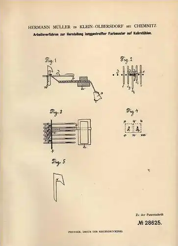 Original Patentschrift - H. Müller in Klein Olbersdorf b. Chemnitz . 1884 , Farbmuster für Kulirstühle , Strickerei !!!