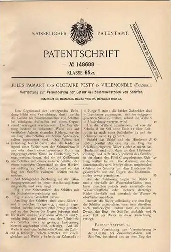 Original Patentschrift - C. Pesty in Villemomble , 1902 , Gefahrverhinderung für Schiffe , Schiff !!!