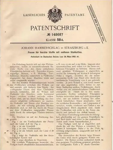 Original Patentschrift - J. Hammerschlag in Strassburg i.E., 1902 , Presse für Stoffe !!!