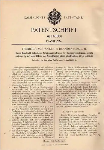 Original Patentschrift - F. Schroeder in Brandenburg a.H., 1902 , Objektiverschlüsse , Photographie , Photoapparat !!!