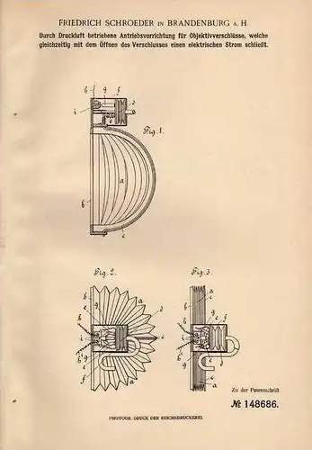 Original Patentschrift - F. Schroeder in Brandenburg a.H., 1902 , Objektiverschlüsse , Photographie , Photoapparat !!!