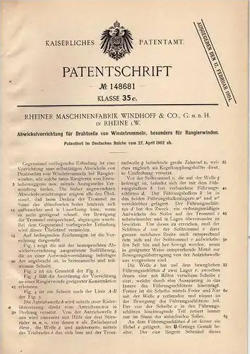 Original Patentschrift - Maschinenfabrik Windhoff & Co in Rheine i.W. , 1902 , Abwickelapparat für Drahtseile !!!