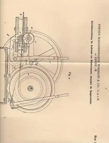 Original Patentschrift - Maschinenfabrik Windhoff & Co in Rheine i.W. , 1902 , Abwickelapparat für Drahtseile !!!