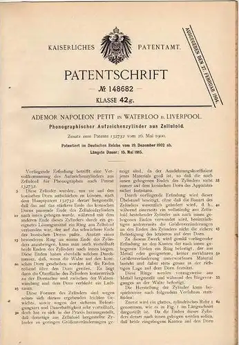 Original Patentschrift - A. Petit in Waterloo b. Liverpool , 1902 , Phonograph , Zylinder aus Zelluloid !!!