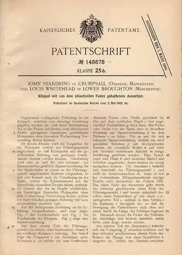 Original Patentschrift - J. Standring in Crumpsall und Lower Broughton , 1902 , Klöppel , Spule mit Aussetzer !!!