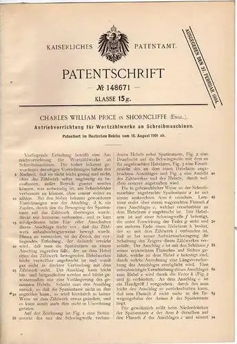 Original Patentschrift - C. Price in Shorncliffe , 1901 , Zählwerk für Schreibmaschine !!!