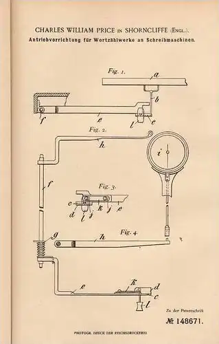 Original Patentschrift - C. Price in Shorncliffe , 1901 , Zählwerk für Schreibmaschine !!!