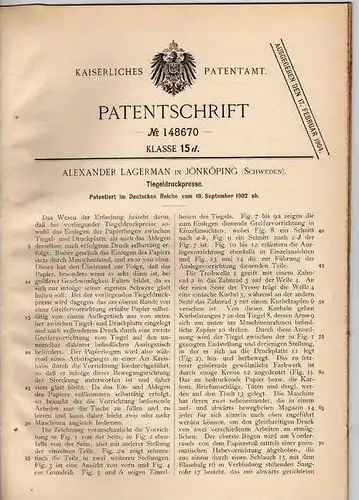 Original Patentschrift - A. Lagerman in Jönköping , 1902 , Tiegeldruckpresse , Presse , Druckerei !!!