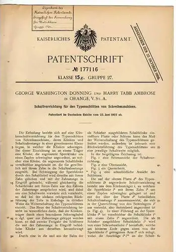 Original Patentschrift - G. Donning in Orange , 1903 , Schlitten für Schreibmaschine !!!