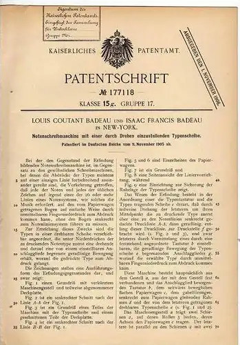 Original Patentschrift - Notenschreibmaschine , Noten , 1905 , L. Badeau in New York , Musik , Partitur !!!