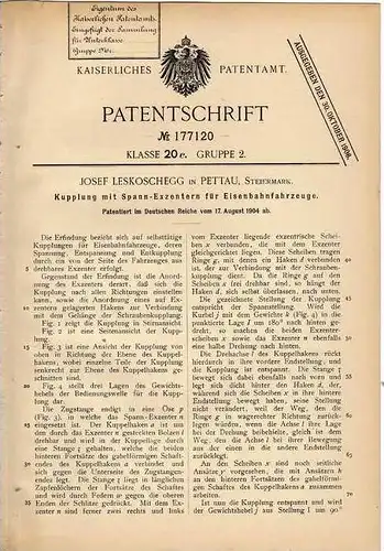 Original Patentschrift - J. Leskoschegg in Pettau , 1904 , Kupplung für Eisenbahn !!!