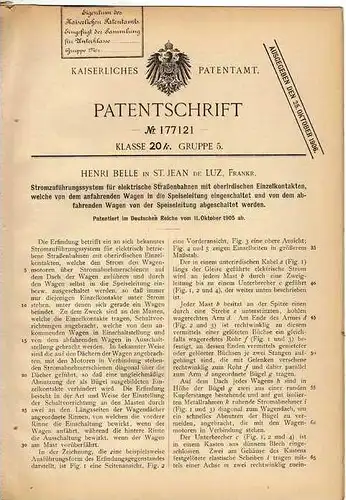 Original Patentschrift - H. Belle in St. Jean de Luz , 1905 , Stromzufuhr für Straßenbahn !!!