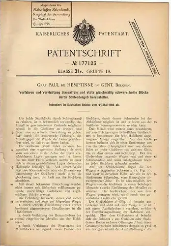 Original Patentschrift - Graf de Hemptinne in Gent , 1905 , Herstellung von Blöcken aus Guß !!!